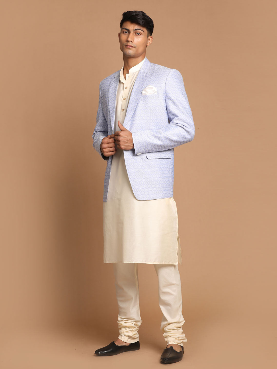 Vastramay Men's Lavender Woven Blazer And Cream Solid Kurta With Pajama Set