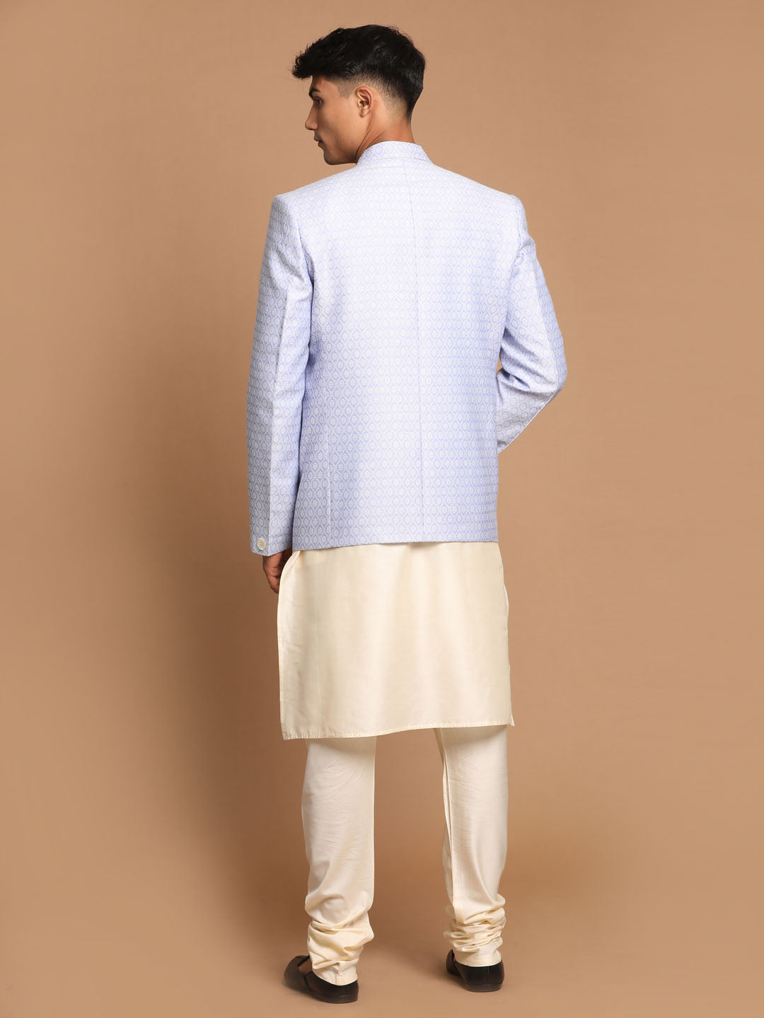 Vastramay Men's Lavender Woven Blazer And Cream Solid Kurta With Pajama Set