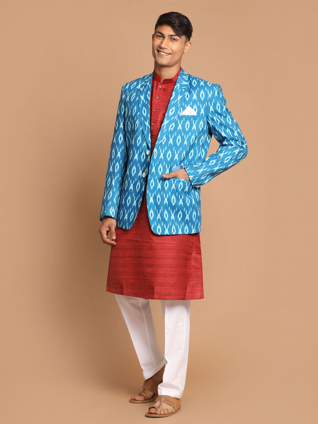 Vastramay Men's Blue Ikkat print Blazer And Kurta Pant set