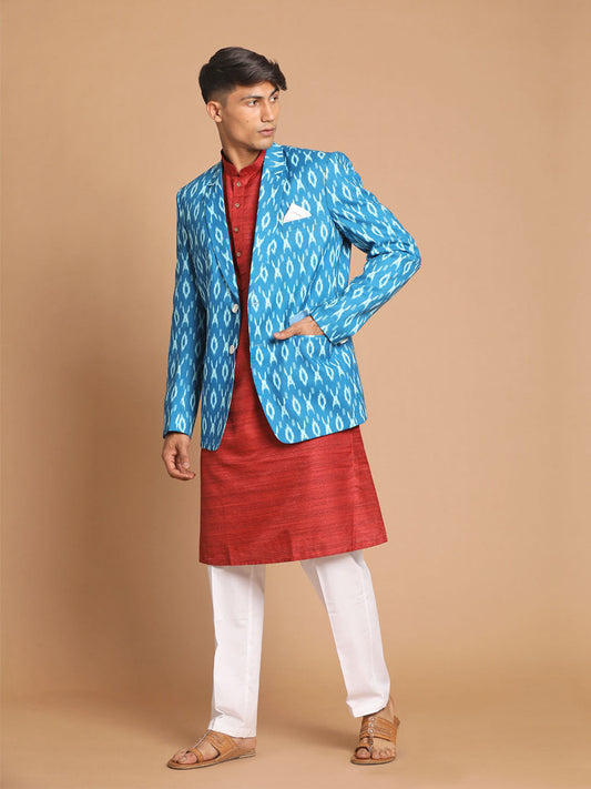 vastramay mens blue printed blazer and maroon solid kurta with white pant set 1