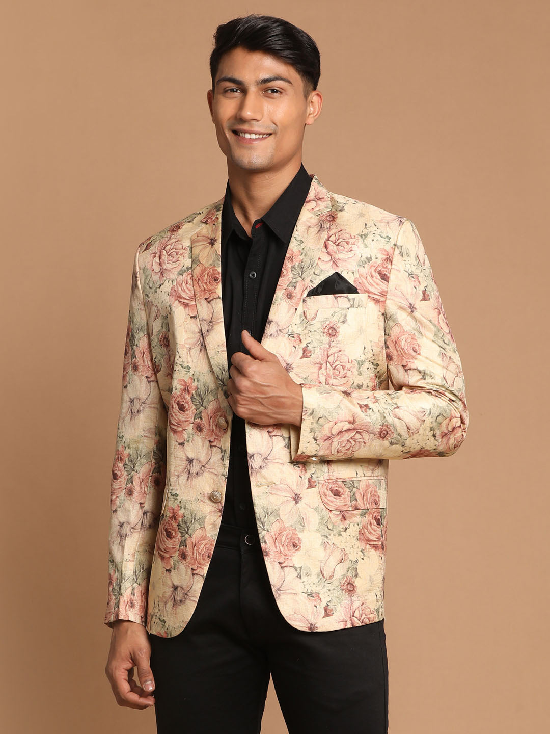 Vastramay Men's Beige Silk Blend Floral Print Blazer