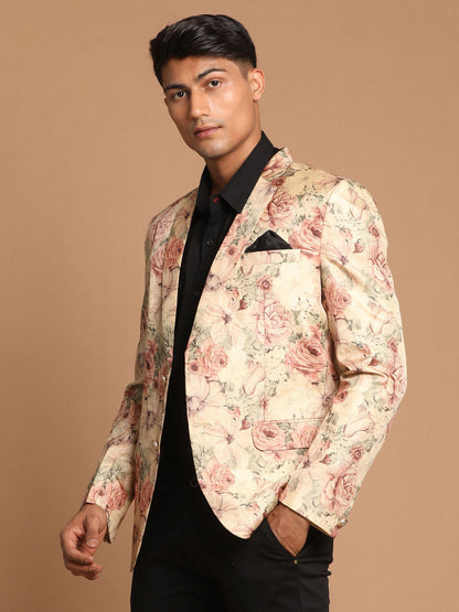 Vastramay Men's Beige Silk Blend Floral Print Blazer