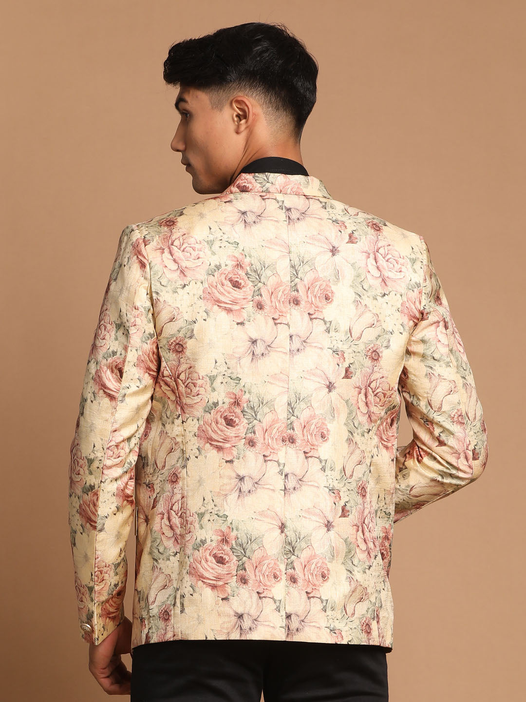 Vastramay Men's Beige Silk Blend Floral Print Blazer