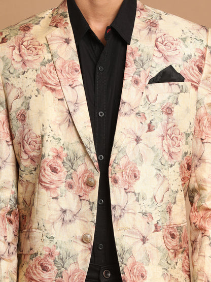 Vastramay Men's Beige Silk Blend Floral Print Blazer