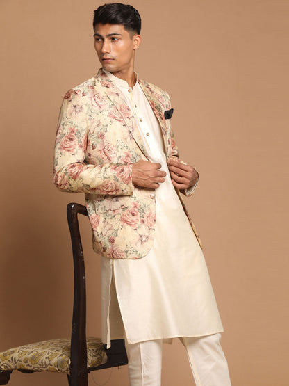 Vastramay Men's Beige Floral Print Blazer And Cream Solid Kurta With Pajama Set