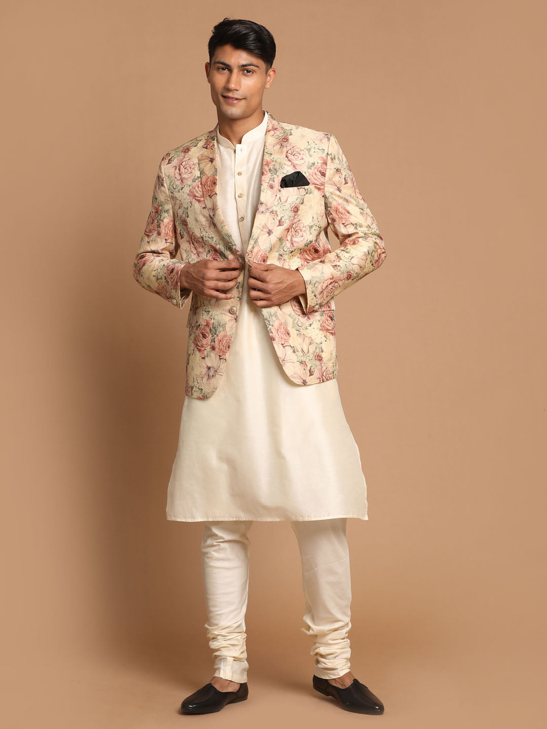 Vastramay Men's Beige Floral Print Blazer And Cream Solid Kurta With Pajama Set