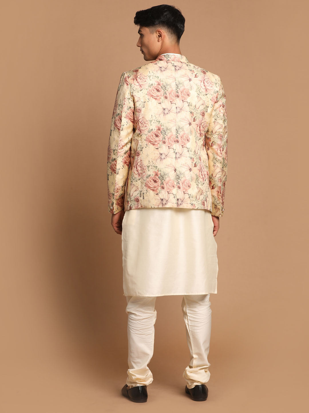 Vastramay Men's Beige Floral Print Blazer And Cream Solid Kurta With Pajama Set