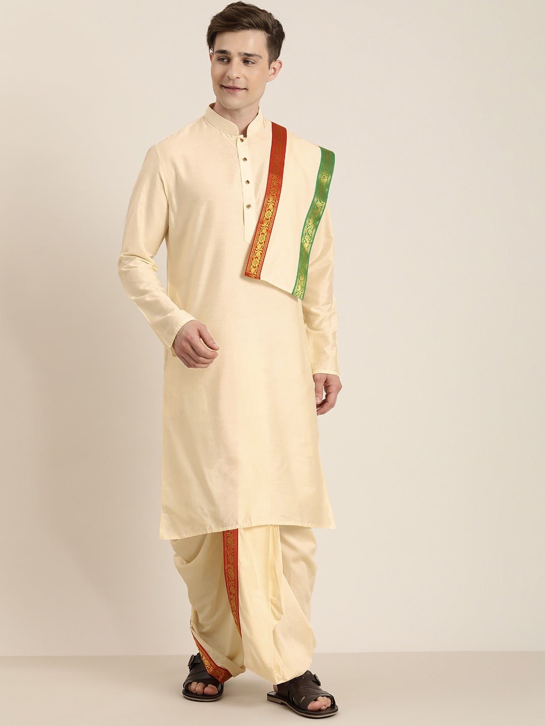 Vastramay Men's Cream Cotton Blend Kurta Dhoti And Dupatta Set