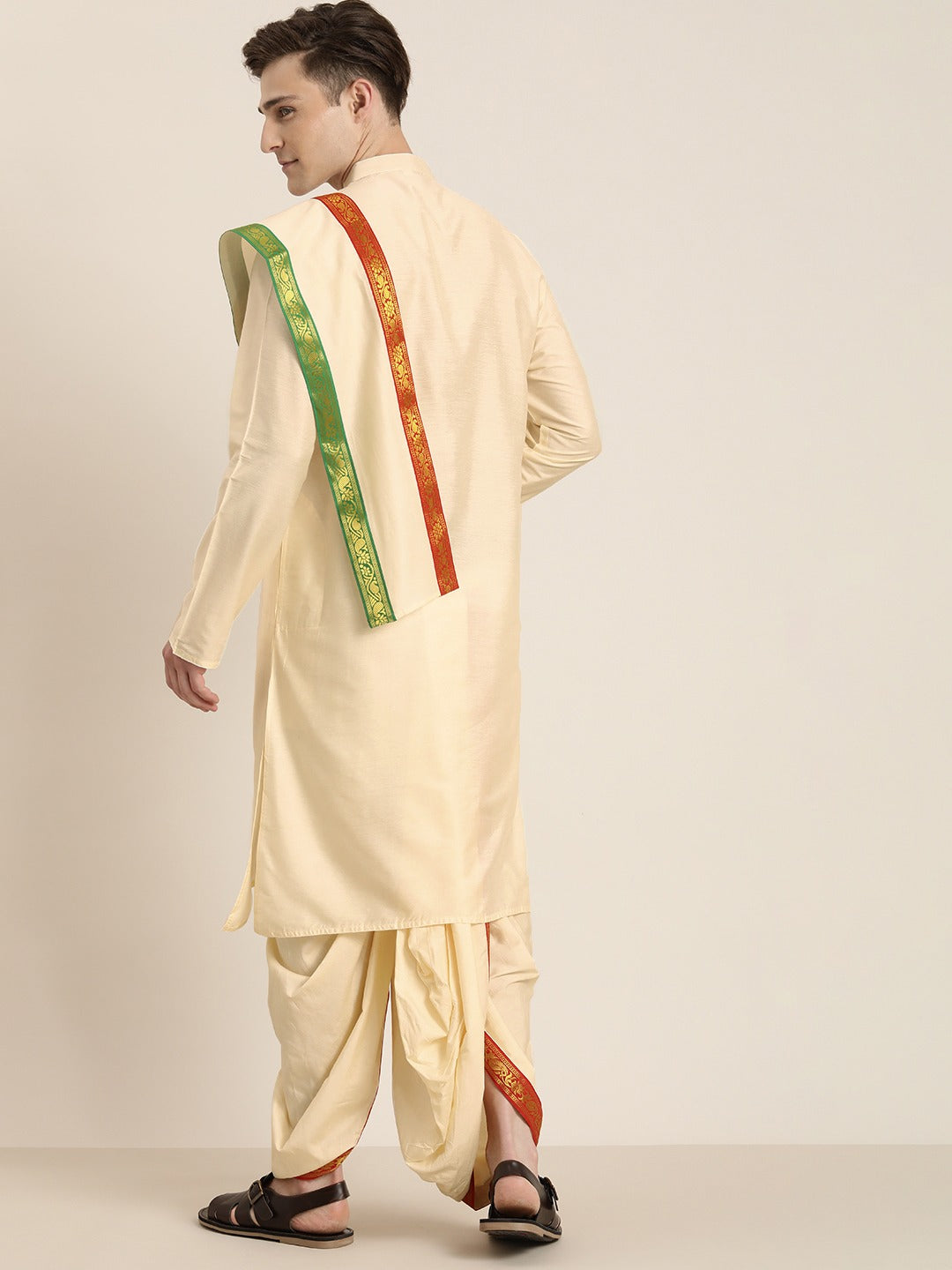 Vastramay Men's Cream Cotton Blend Kurta Dhoti And Dupatta Set