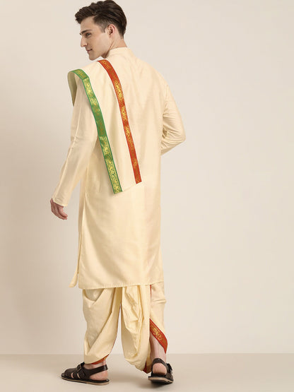 Vastramay Men's Cream Cotton Blend Kurta Dhoti And Dupatta Set