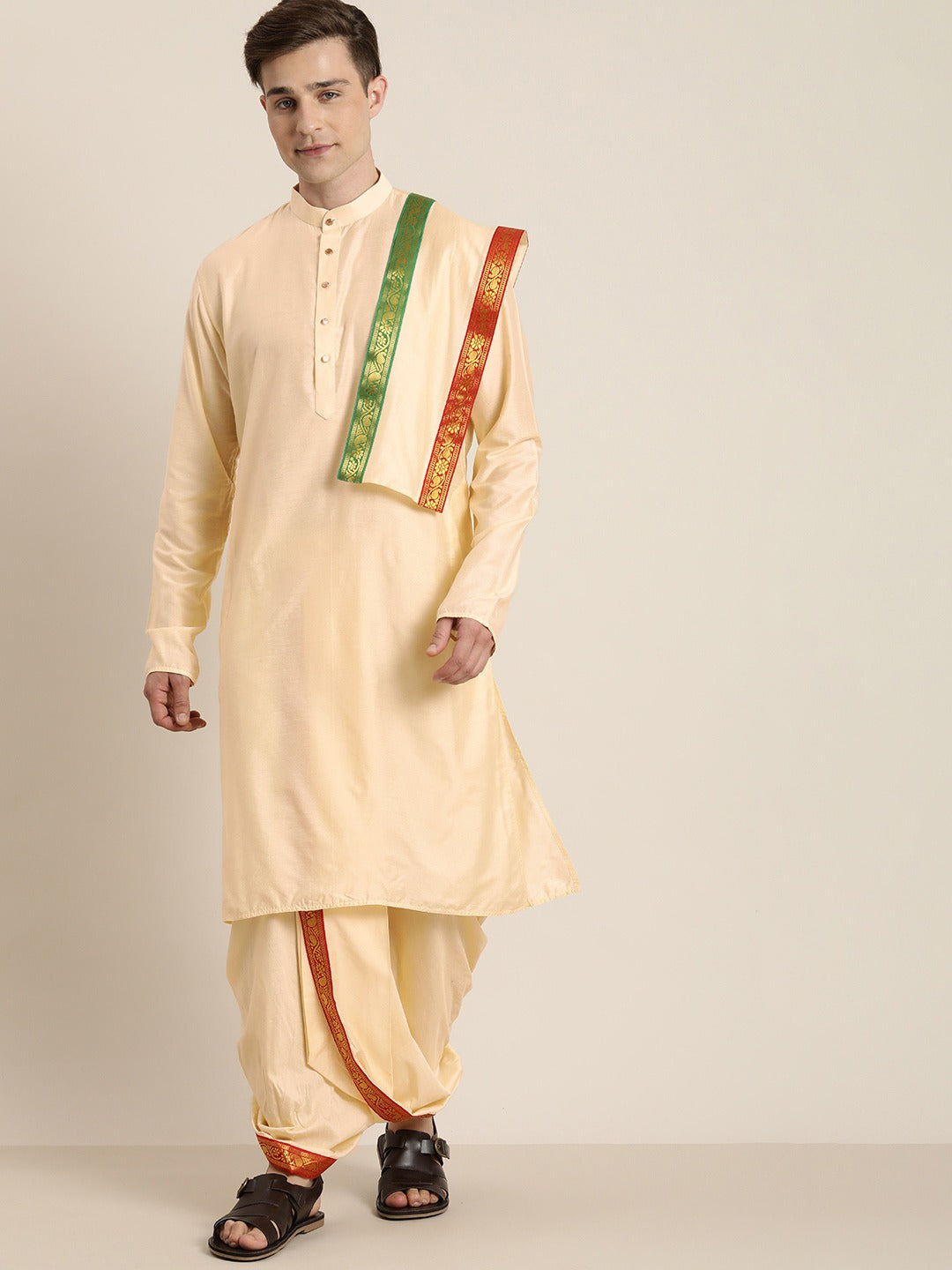 Vastramay Men's Rose Gold Cotton Blend Kurta Dhoti And Dupatta Set