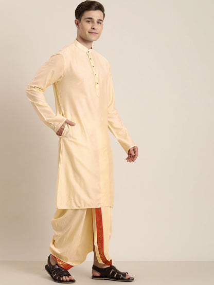 Vastramay Men's Rose Gold Cotton Blend Kurta Dhoti And Dupatta Set