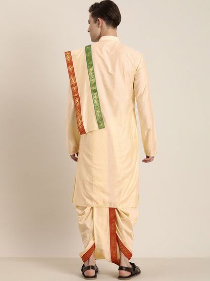 Vastramay Men's Rose Gold Cotton Blend Kurta Dhoti And Dupatta Set