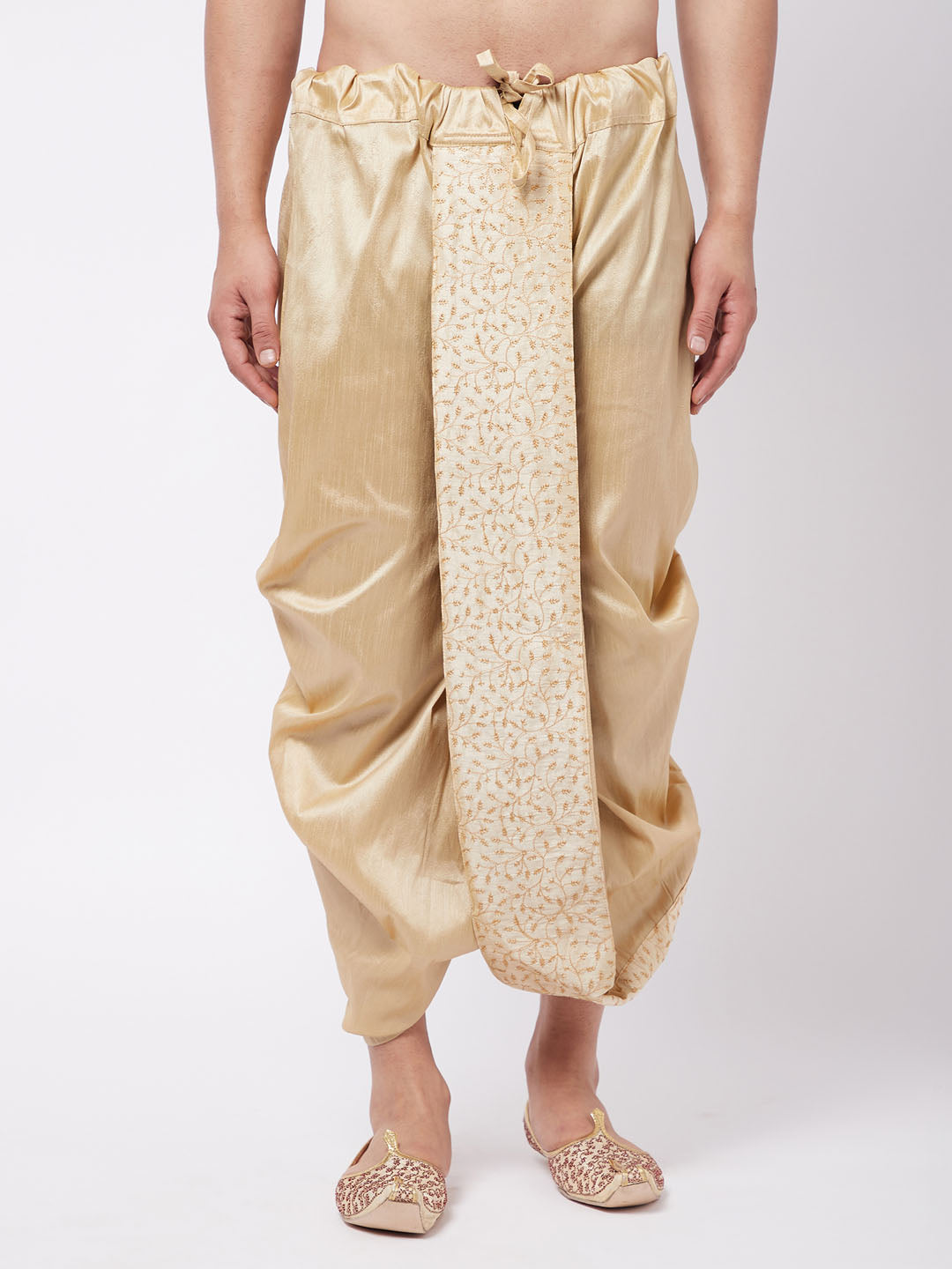 Vastramay Men's Gold Silk Blend Embroidered Dhoti