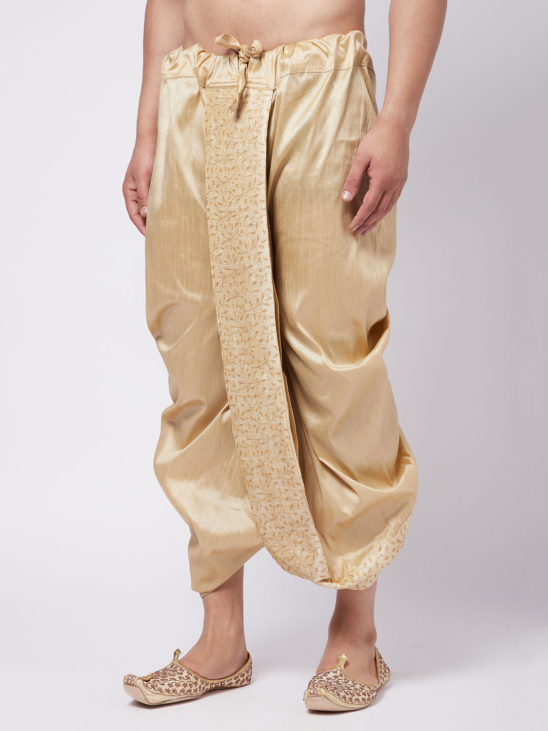 Vastramay Men's Gold Silk Blend Embroidered Dhoti