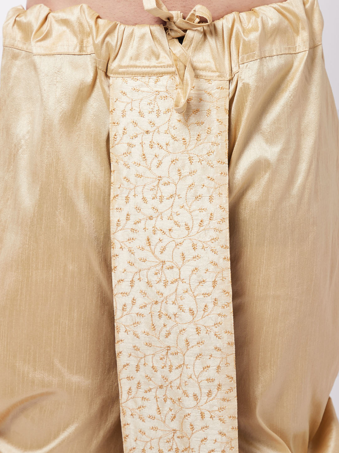 Vastramay Men's Gold Silk Blend Embroidered Dhoti