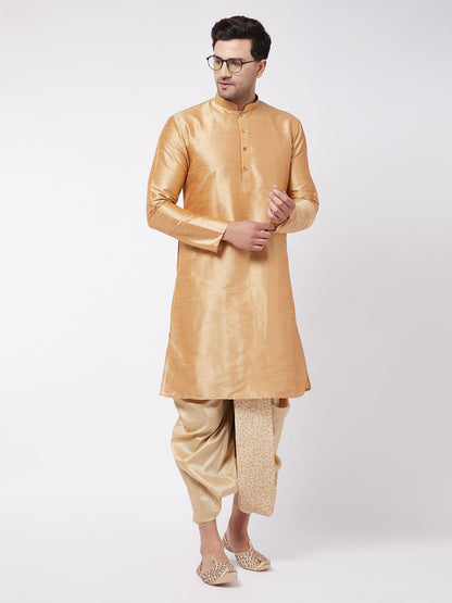 Vastramay Men's Gold Silk Blend Embroidered Dhoti