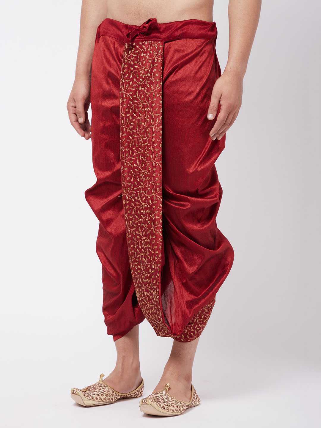 Vastramay Men's Maroon Silk Blend Embroidered Dhoti