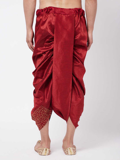 Vastramay Men's Maroon Silk Blend Embroidered Dhoti