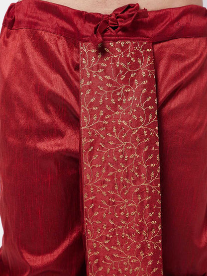 Vastramay Men's Maroon Silk Blend Embroidered Dhoti