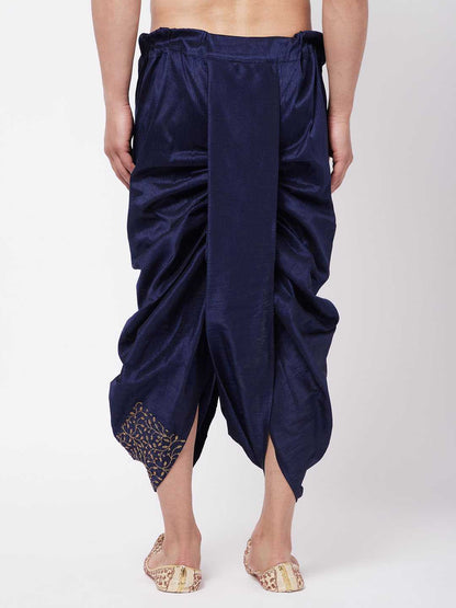 Vastramay Men's Navy Blue Silk Blend Embroidered Dhoti