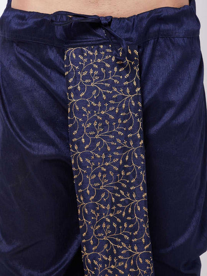 Vastramay Men's Navy Blue Silk Blend Embroidered Dhoti