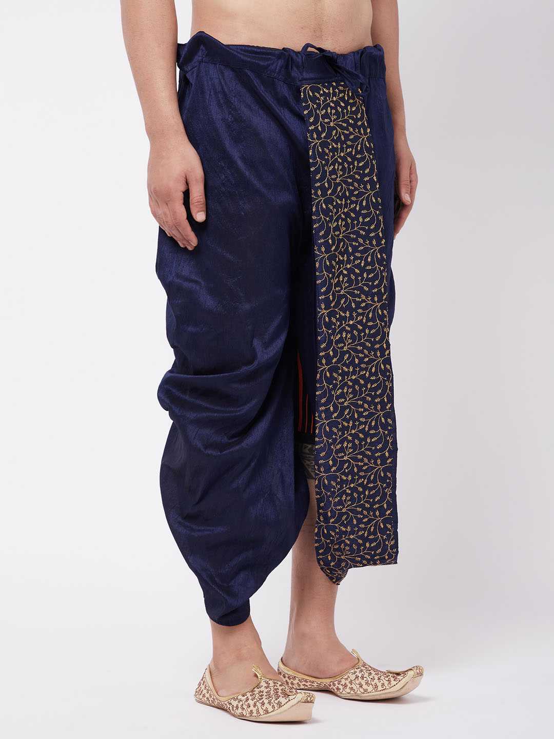 Vastramay Men's Navy Blue Silk Blend Embroidered Dhoti