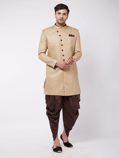 Vastramay Men's Beige And Coffee Brown Jute Cotton Indo Western Set