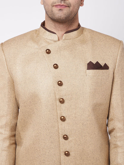 Vastramay Men's Beige And Coffee Brown Jute Cotton Indo Western Set