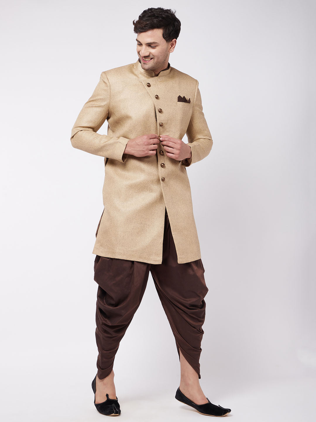 Vastramay Men's Beige And Coffee Brown Jute Cotton Indo Western Set