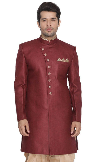 Vastramay  Men's Maroon Silk Blend Sherwani Only Top