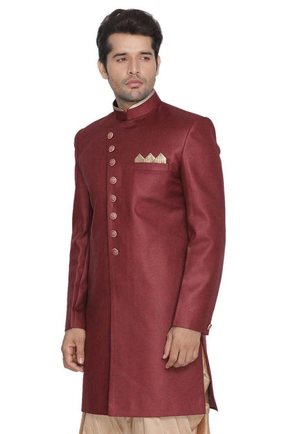 Vastramay  Men's Maroon Silk Blend Sherwani Only Top