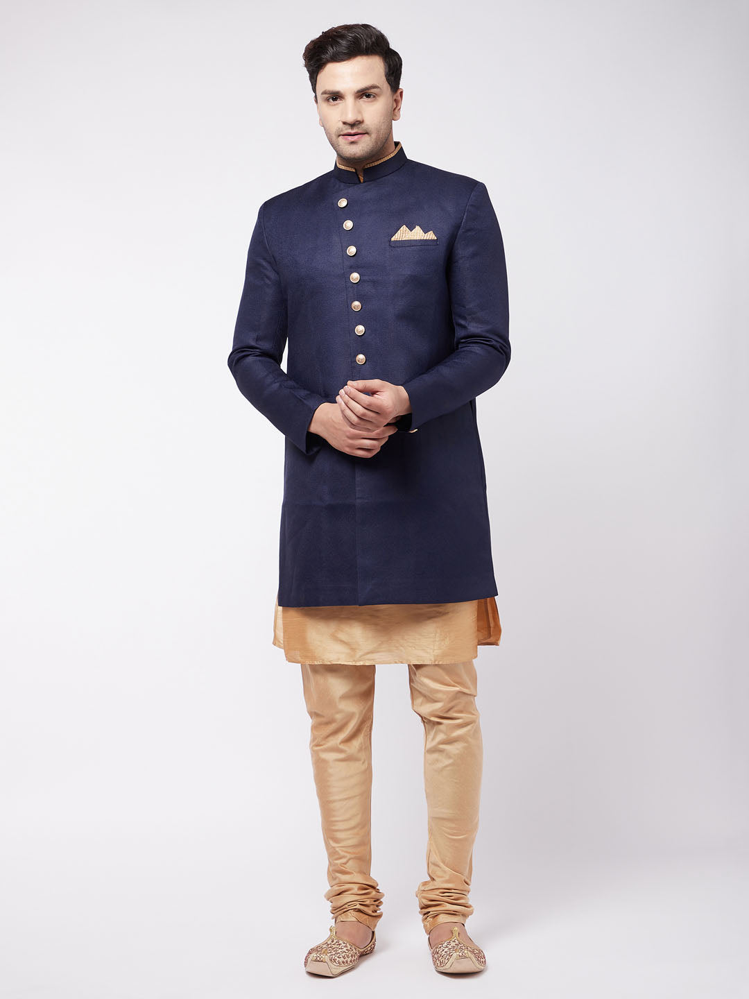 Vastramay Men's Navy Blue Angrakha Style Indo Western Over Rose Gold Kurta Pyjama Set