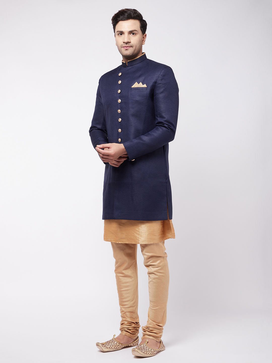 Vastramay Men's Navy Blue Angrakha Style Indo Western Over Rose Gold Kurta Pyjama Set