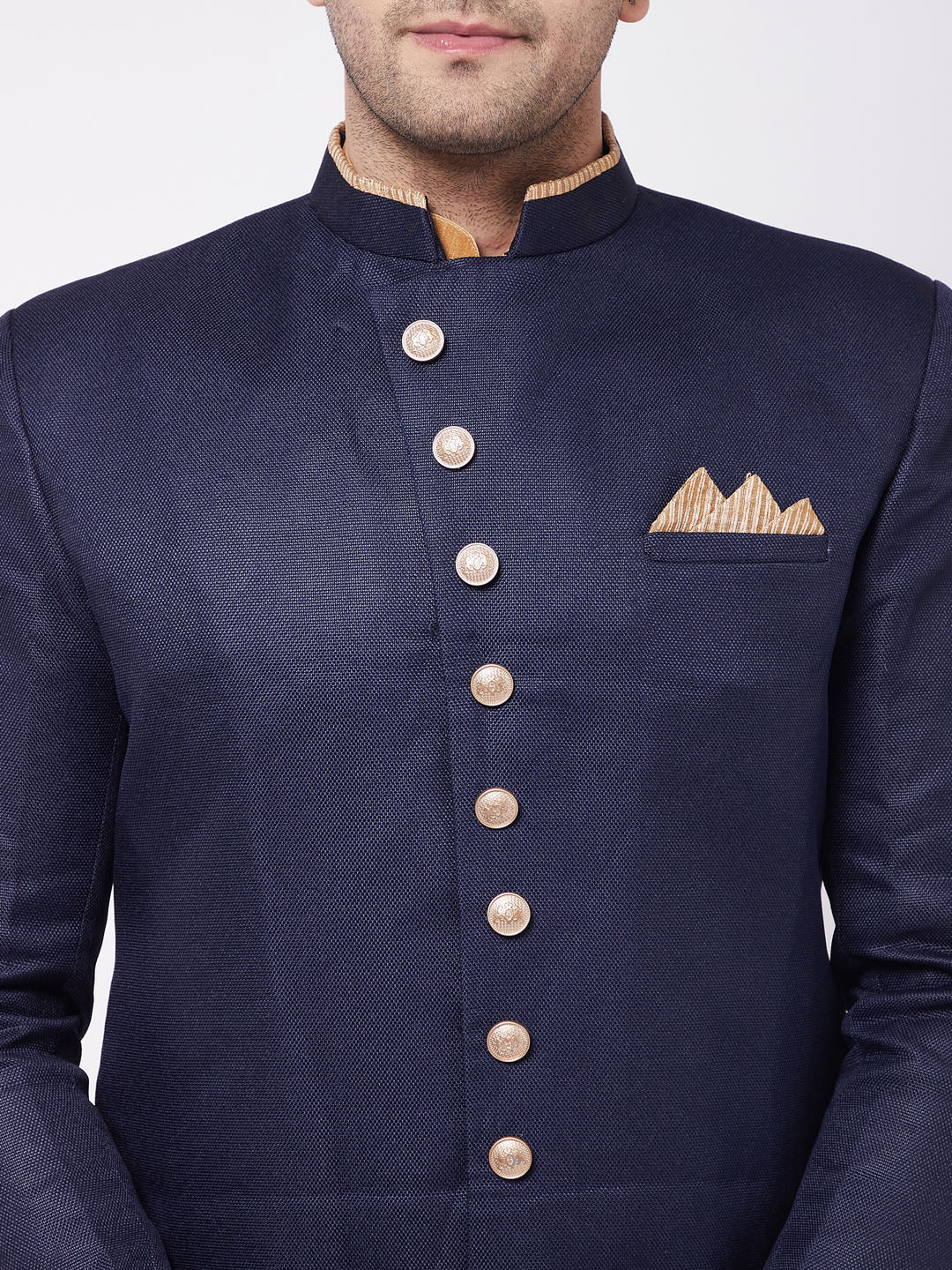 Vastramay Men's Navy Blue Angrakha Style Indo Western Over Rose Gold Kurta Pyjama Set