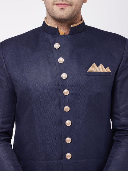 Vastramay Men's Navy Blue Angrakha Style Indo Western Over Rose Gold Kurta Pyjama Set