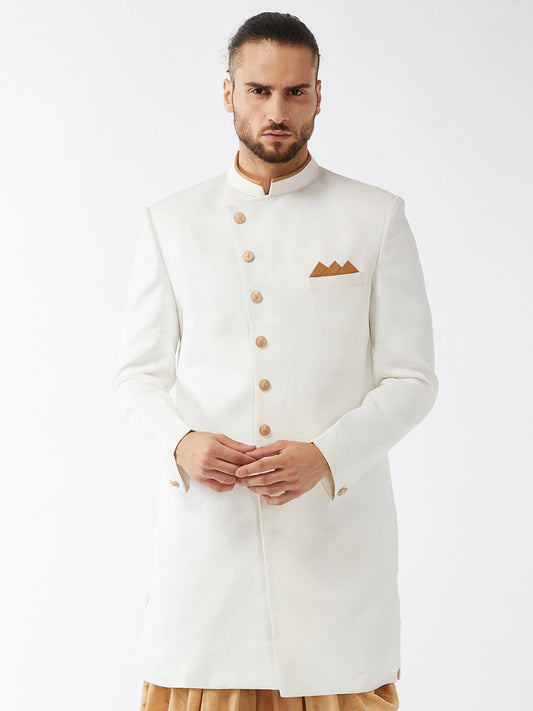 Vastramay Men's White Silk Blend Sherwani Top