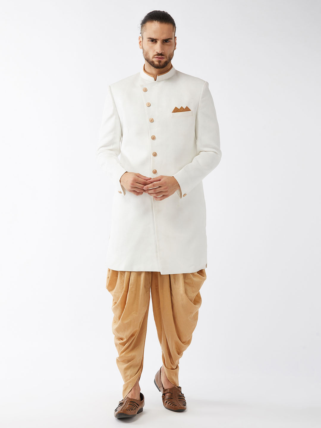 Vastramay Men's White Silk Blend Sherwani Set