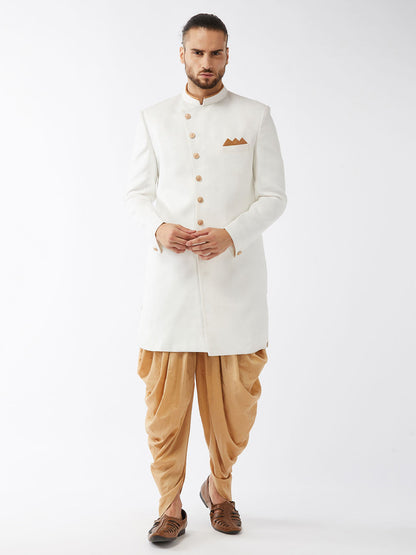 Vastramay Men's White Silk Blend Sherwani Set