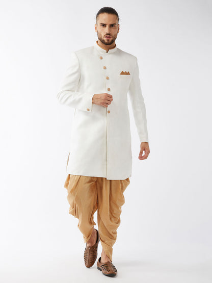 Vastramay Men's White Silk Blend Sherwani Set