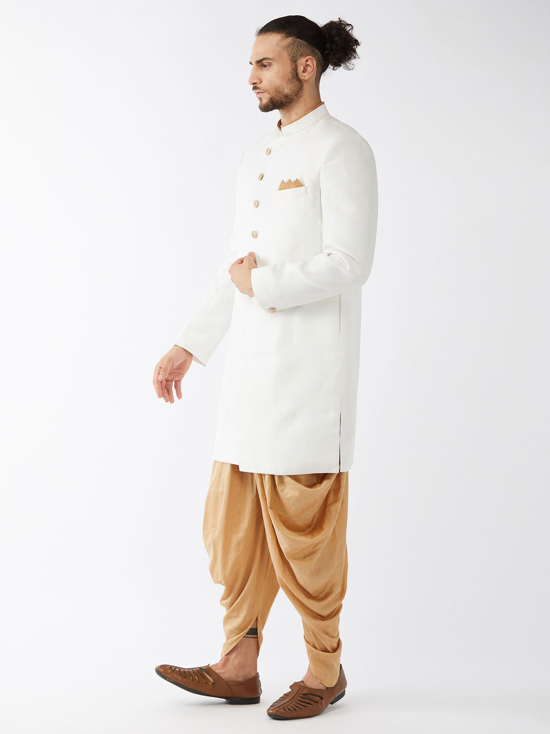 Vastramay Men's White Silk Blend Sherwani Set