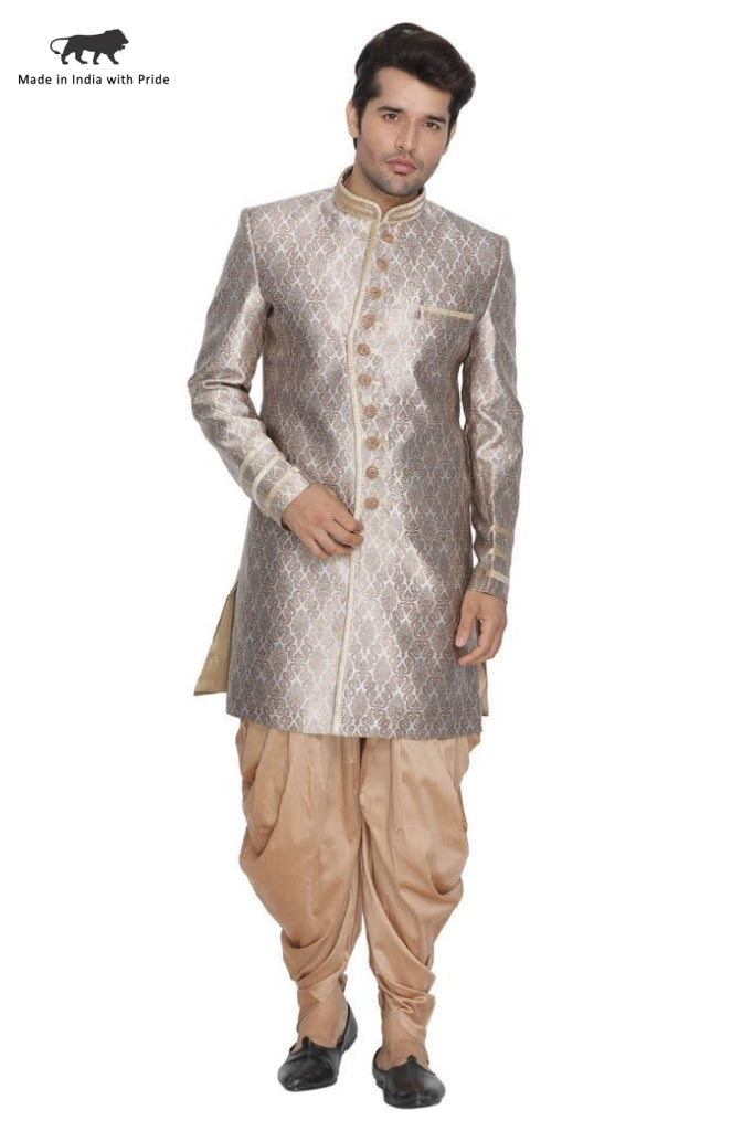 mens gold cotton silk blend sherwani set1316