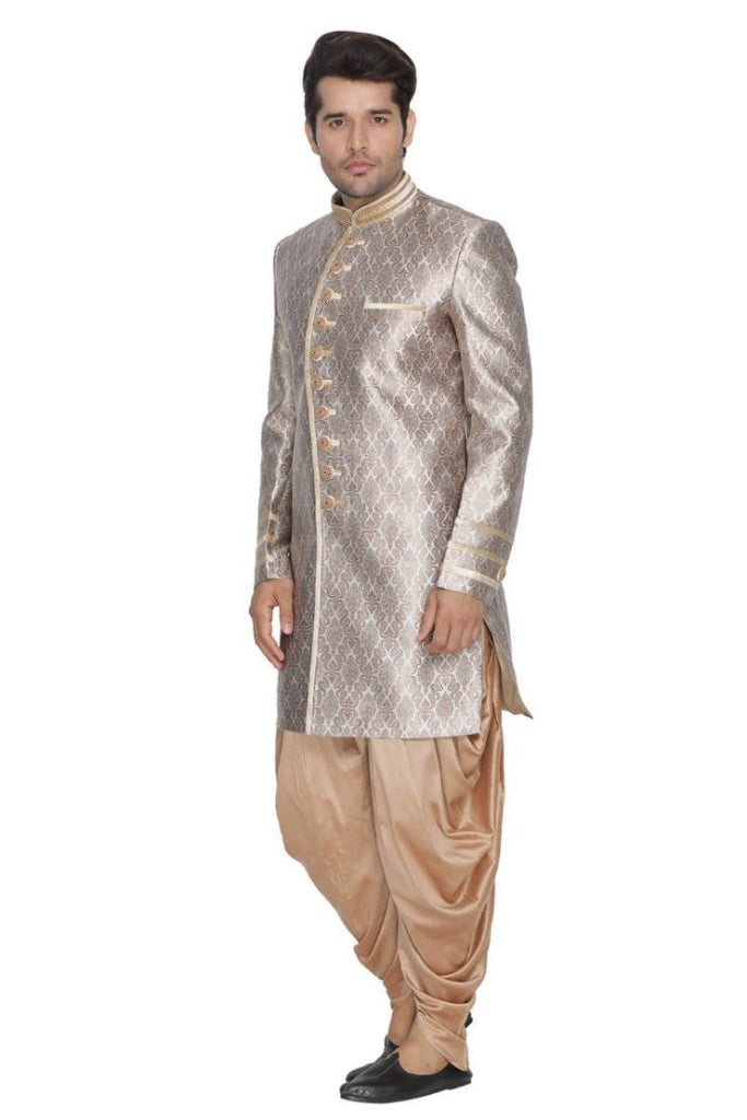 mens gold cotton silk blend sherwani set1316