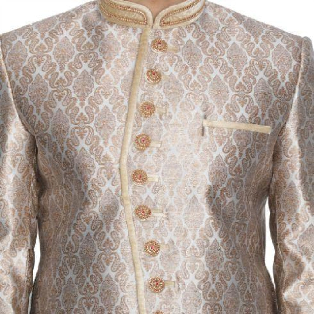 mens gold cotton silk blend sherwani set1316