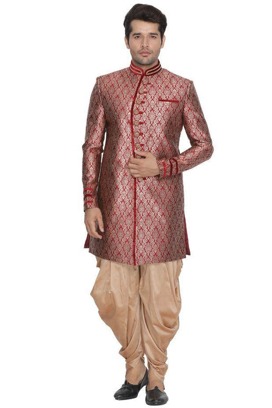 mens maroon cotton silk blend sherwani set1317