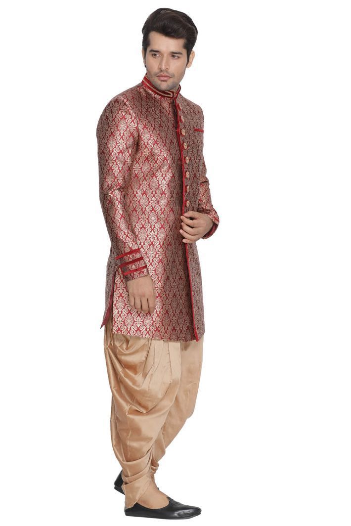 mens maroon cotton silk blend sherwani set1317