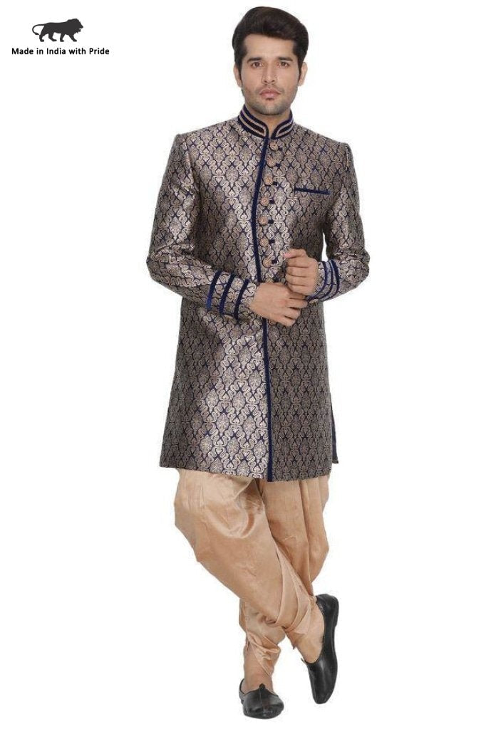 mens blue cotton silk blend sherwani set1318