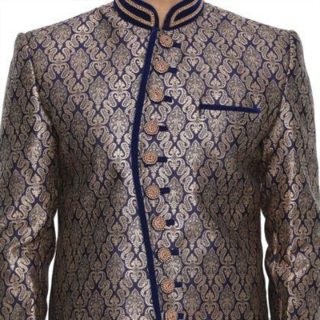 mens blue cotton silk blend sherwani set1318