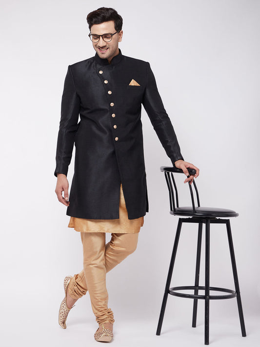 Vastramay Men's Black Angrakha Style Indo Western Over Rose Gold Kurta Pyjama Set