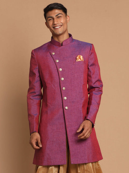 Vastramay Men's Purple Angrakha Style Jute Royal Sherwani Only Top